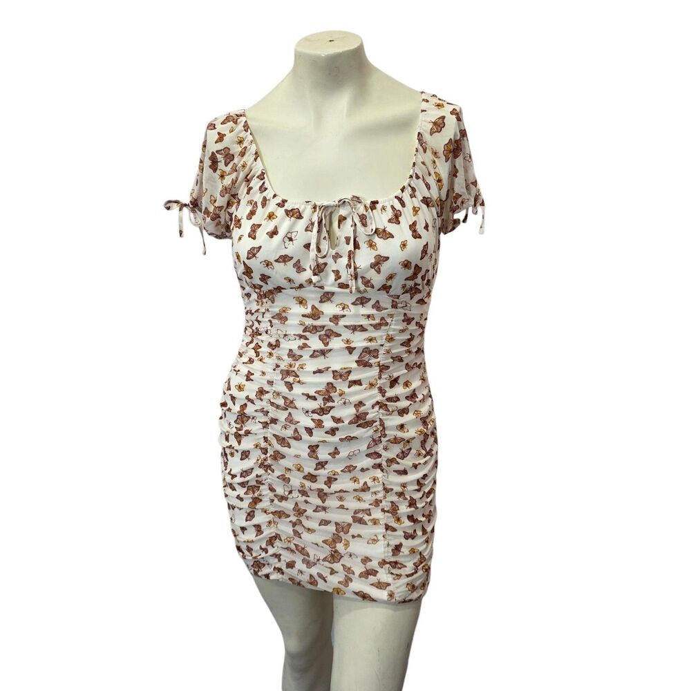 Ultra Flirt Butterfly Print Ruched Mini Dress Cottagecore Puff Sleeve Sz S